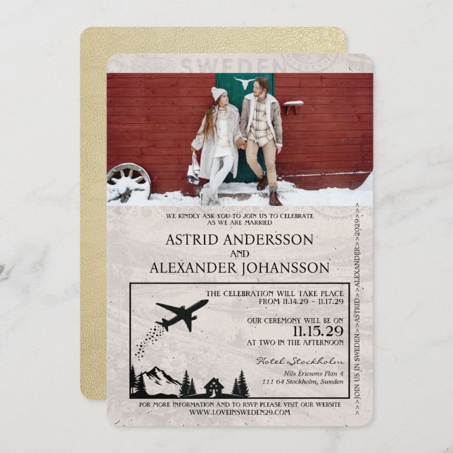 Champagne Sweden Passport Wedding Invitation (Front/Back)