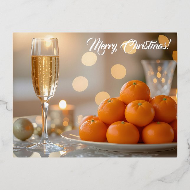 Champagne, Tangerines Festive Christmas Custom Foil Holiday Postcard (Front)