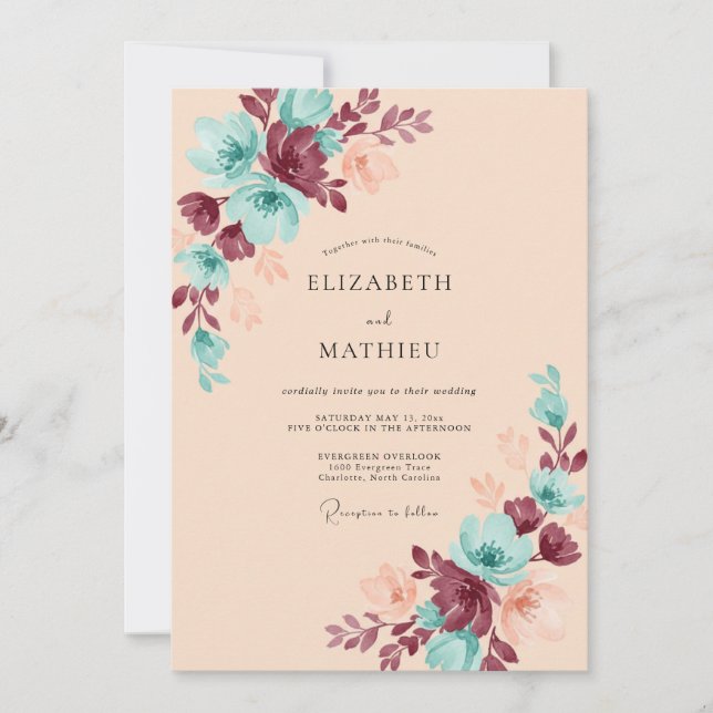 Champagne Teal Blossom Wedding Invitation (Front)