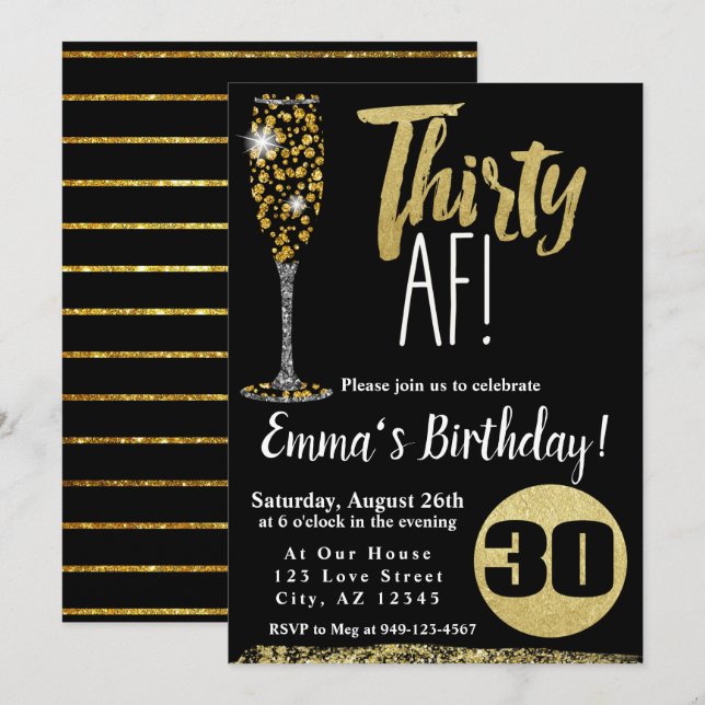 Champagne Thirty AF black gold 30th Birthday Invitation (Front/Back)
