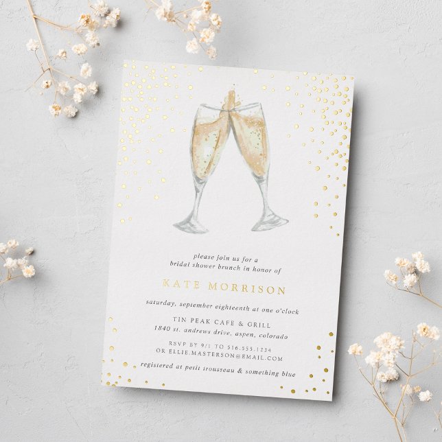 Champagne Toast | Bridal Shower Brunch Foil Invitation (Champagne themed bridal shower invitation on smooth white paper with gold foil accents)