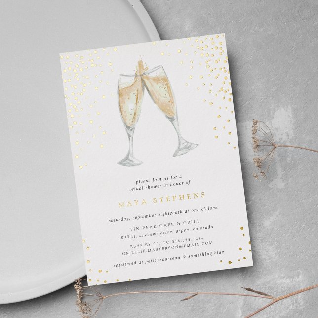 Champagne Toast | Bridal Shower Foil Invitation (Elegant champagne theme bridal shower invitations on smooth white paper with gold foil)