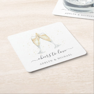 Champagne Toast "Cheers to Love" Personalized Square Paper Coaster