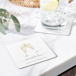 Champagne Toast "Cheers to Love" Personalized Square Paper Coaster<br><div class="desc">Festive and elegant coasters for your engagement party or wedding feature a pair of clinking champagne glasses in watercolor,  filled with sparkling bubbly. Personalize with two lines of custom text beneath; shown with "cheers to love" and the couple's names.</div>