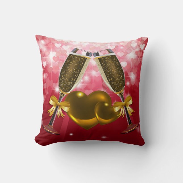 Champagne Toast Double Hearts Brown & Red Hearts Throw Pillow (Front)