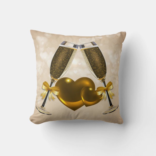 Champagne Toast Double Hearts Throw Pillow (Front)