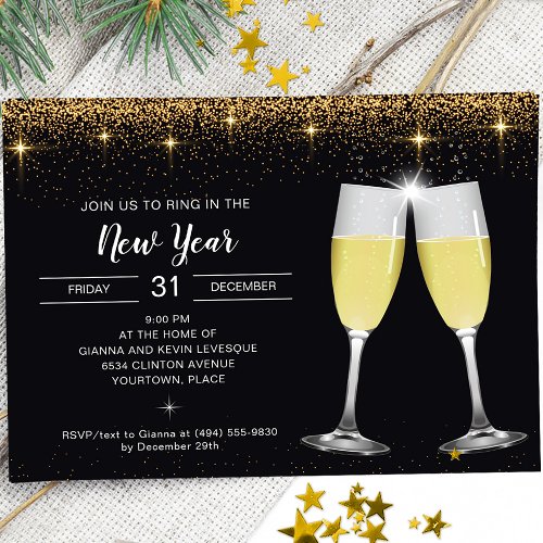 Champagne Toast Glitter New Years Eve Party Holiday Card