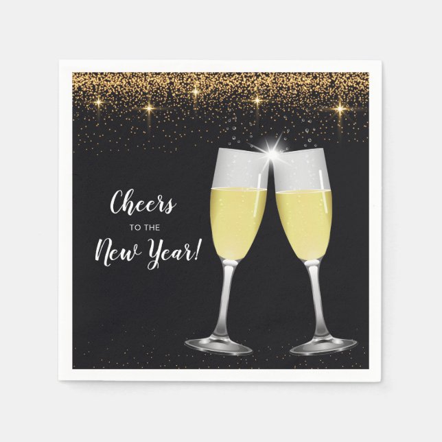 Champagne Toast Glitter New Year's Eve Party Napkins (Front)