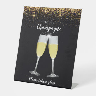 Champagne Toast Glitter New Year's Eve Party Pedestal Sign