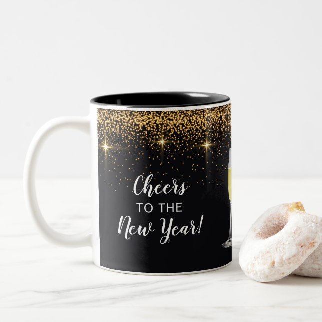 Champagne Toast Glitter New Year's Two-Tone Coffee Mug (With Donut)