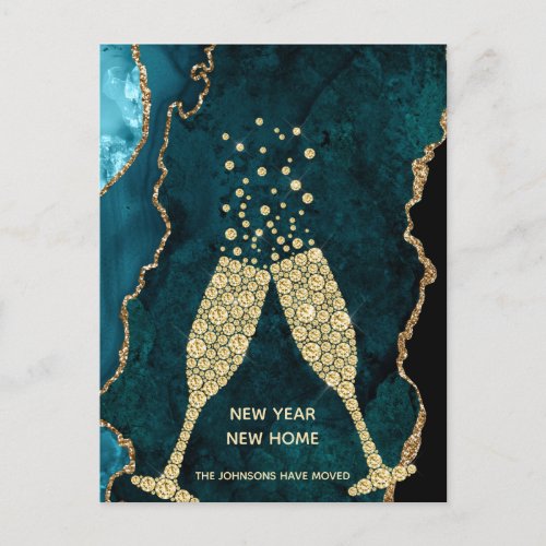 Champagne Toast New Year New Home Teal Gold Holiday Postcard