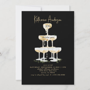 Champagne Tower Black 30th Birthday Party Invitation
