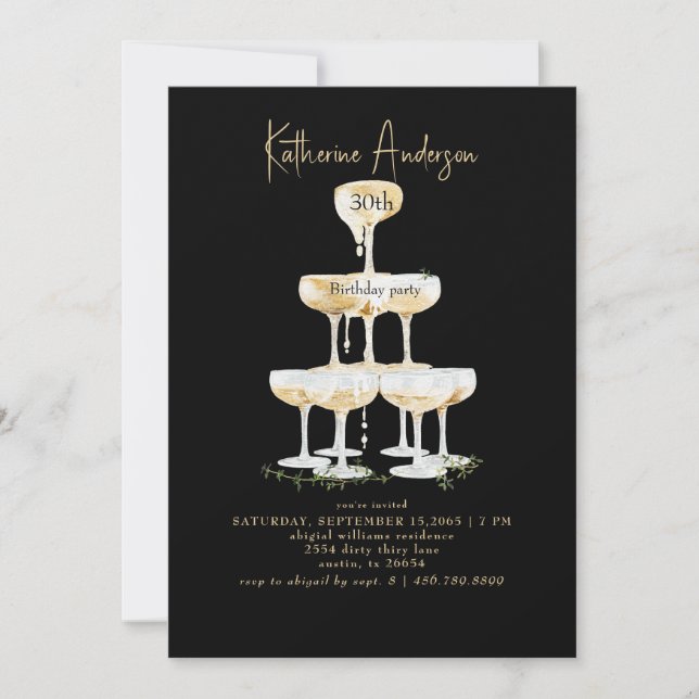 Champagne Tower Black 30th Birthday Party  Invitation (Front)