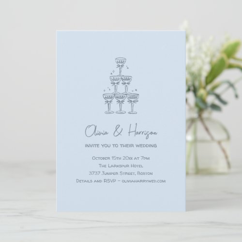 Champagne Tower Doodle Cool Blue Wedding Invitation
