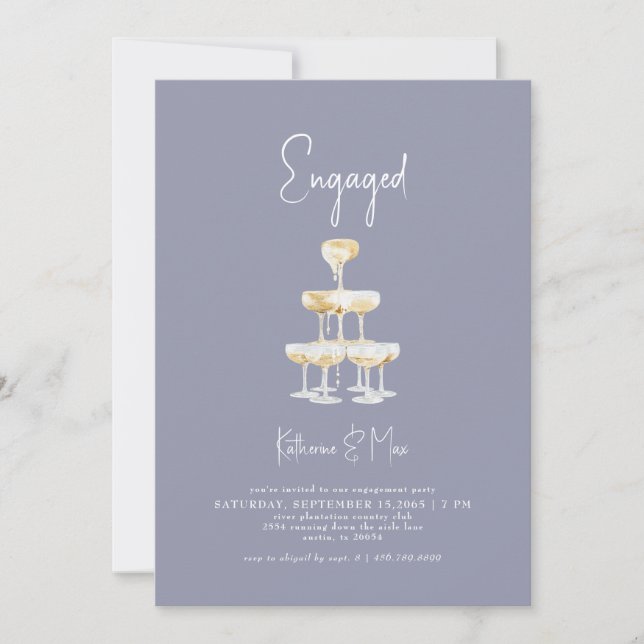 Champagne Tower Dusty Blue Engagement Party Invitation (Front)