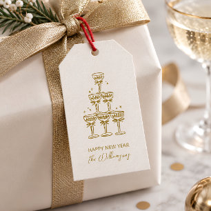 Champagne Tower Gold Handwritten Happy New Year Gift Tags