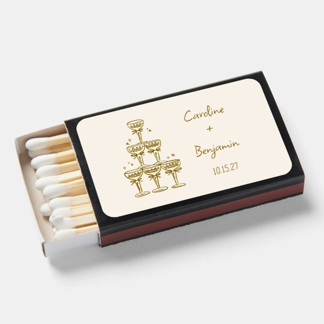 Champagne Tower Gold Handwritten Monogram Wedding Matchboxes (Front Open)