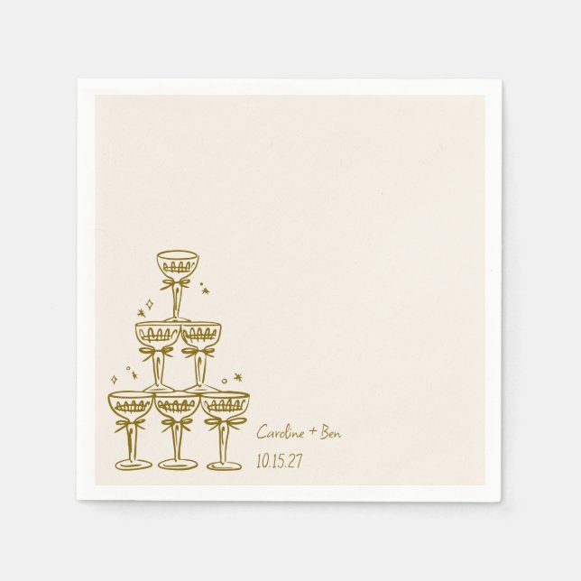 Champagne Tower Gold Handwritten Monogram Wedding Napkins (Front)