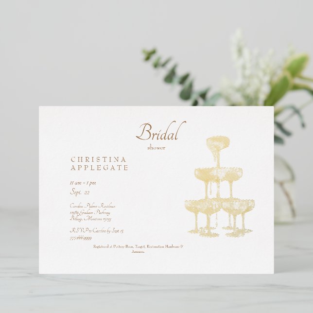 Champagne Tower Gold Text Bridal Shower Gold Foil Invitation (Standing Front)