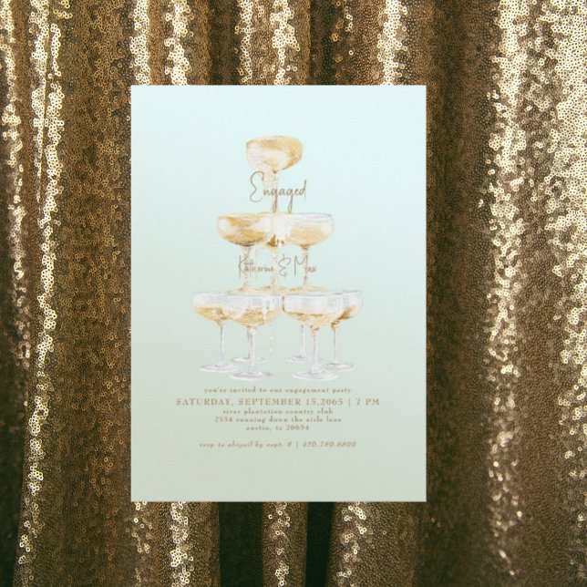 Champagne Tower Gold Text Sage Engagement Party Invitation (Creator Uploaded)