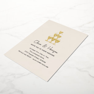 Champagne Tower Hand Drawn Bow Wedding Gold Foil Invitation