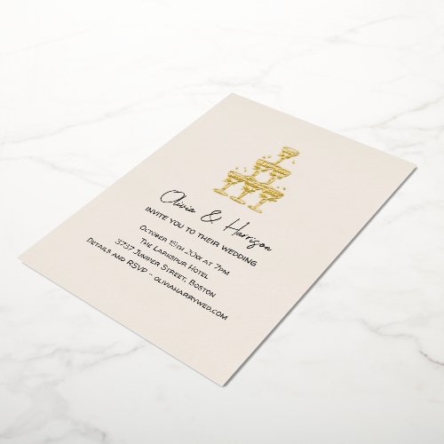 Champagne Tower Hand Drawn Bow Wedding Gold Foil Invitation