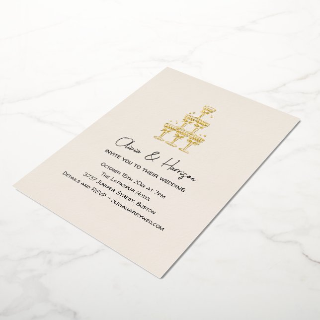 Champagne Tower Hand Drawn Bow Wedding Gold Foil Invitation (Rotated)