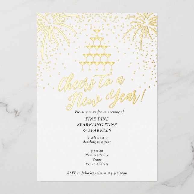Champagne Tower New Years Eve Dinner Cocktail Bash Foil Invitation (Front)