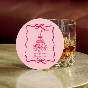 Champagne Tower Pink Hand Drawn Doodles Birthday  Round Paper Coaster