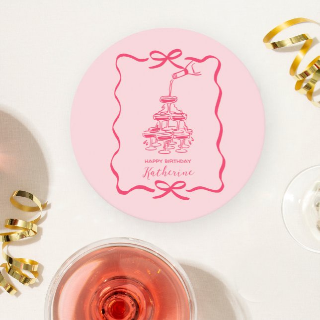 Champagne Tower Pink Hand Drawn Doodles Birthday  Round Paper Coaster (Creator Uploaded)