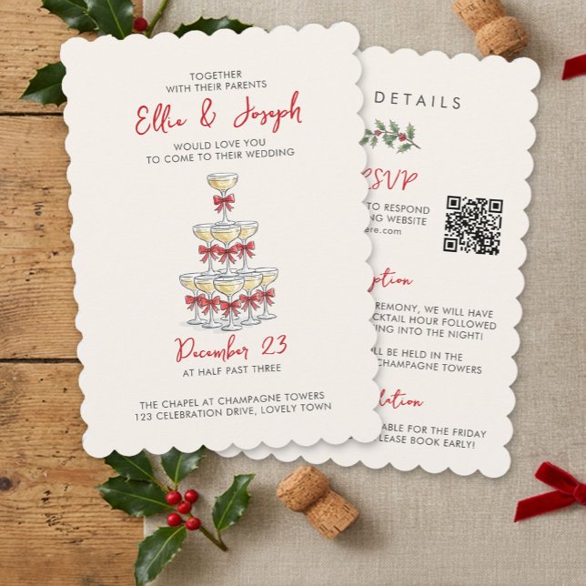 Champagne Tower QR Code RSVP All-In-One Wedding Invitation (All in One QR Wedding Invite from the Whimsical Champagne Tower Holiday Wedding Set by Darling & May)