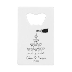Champagne Tower Sketch Custom Name Wedding Credit Card Bottle Opener