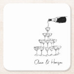 Champagne Tower Sketch Custom Name Wedding Square Paper Coaster<br><div class="desc">Set a celebratory tone with these minimalist wedding coasters featuring a hand-drawn champagne tower and flowing bottle illustration. Perfect for cocktail hour, welcome parties, or reception toasts, this modern black and white design can be customized with names or event details. A chic and festive touch for couples who love clean,...</div>