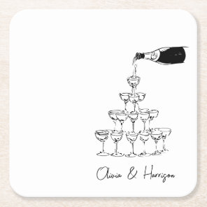 Champagne Tower Sketch Custom Name Wedding Square Paper Coaster