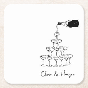 Champagne Tower Sketch Custom Name Wedding Square Paper Coaster