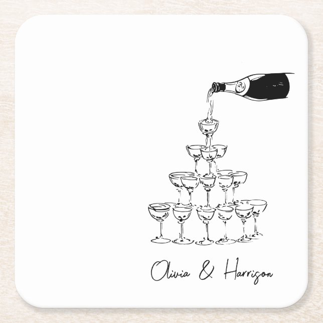 Champagne Tower Sketch Custom Name Wedding Square Paper Coaster (Front)