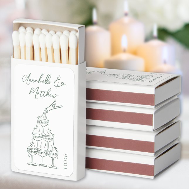 Champagne Tower Sketch Elegant Green Wedding Matchboxes (Champagne Tower Sketch Elegant Green Wedding Matchboxes )
