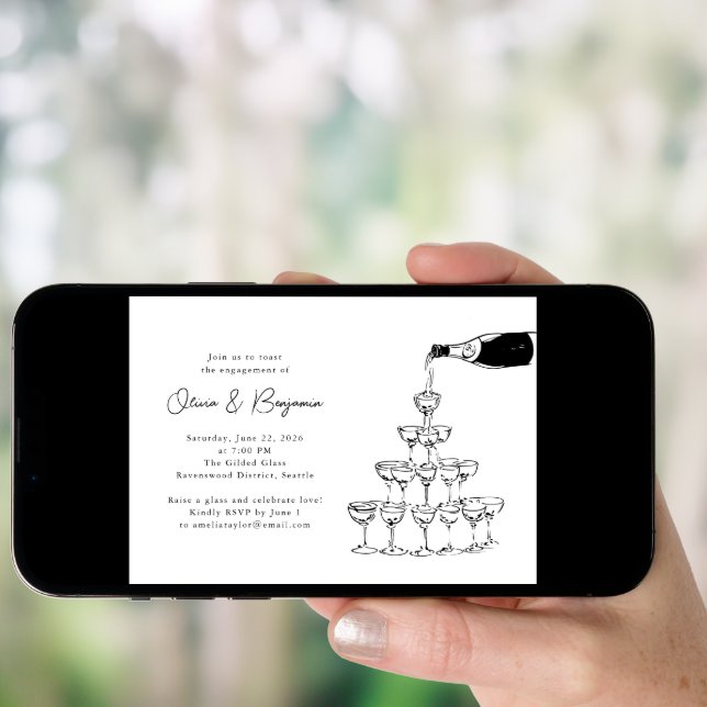 Champagne Tower Sketch Engagement Party Invitation (Front Digital)
