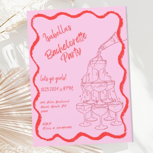 Champagne Tower Wavy Hand Drawn Bachelorette Party Invitation