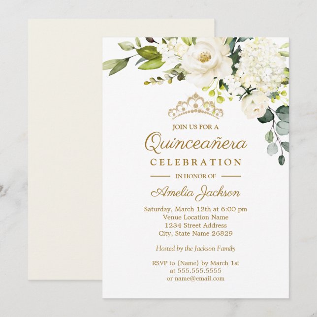 Champagne Watercolor Floral Quinceanera Invitation (Front/Back)