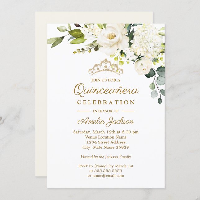 Champagne Watercolor Floral Quinceanera Invitation (Front/Back)