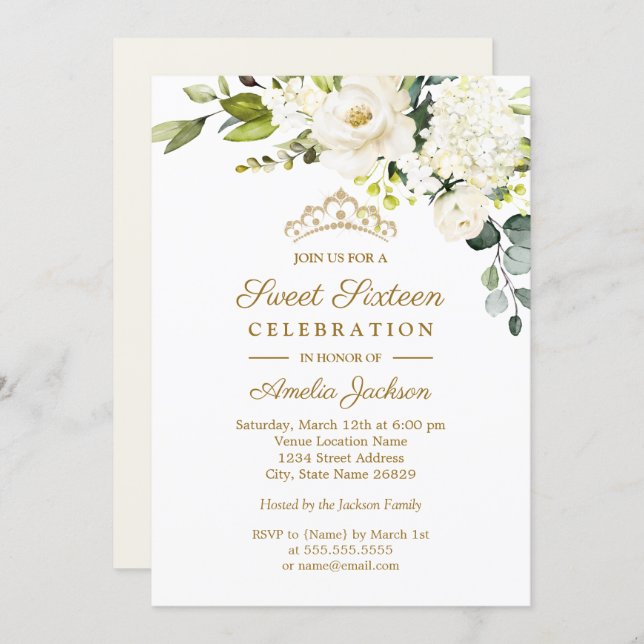 Champagne Watercolor Floral Sweet 16 Party Invitation (Front/Back)