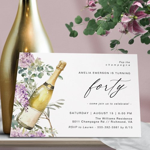 Champagne Watercolor  Fun Elegant 40th Birthday Invitation