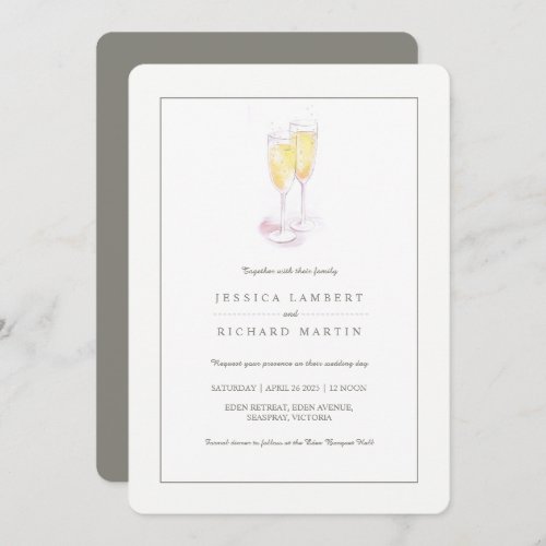 Champagne watercolor glasses wedding invitations