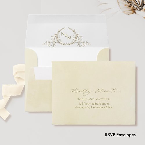 Champagne Watercolor RSVP w Return Address Crest Envelope