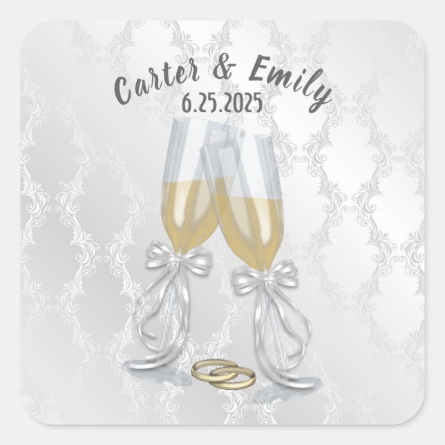 Champagne Wedding Toast with Rings Square Sticker (Front)