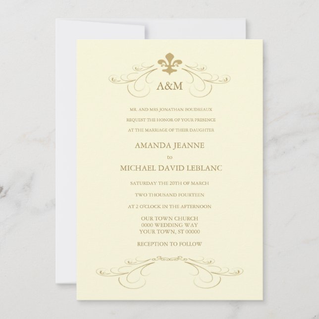 Champagne White and Gold Fleur de Lis Wedding Invitation (Front)