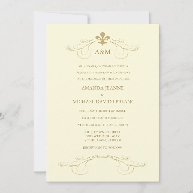 Champagne White and Gold Fleur de Lis Wedding Invitation (Front)