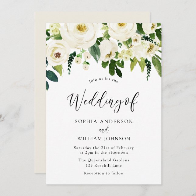 Champagne White Blooming Flowers Wedding Invitation (Front/Back)