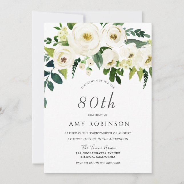 Champagne White Floral Elegant 80th Birthday Party Invitation (Front)